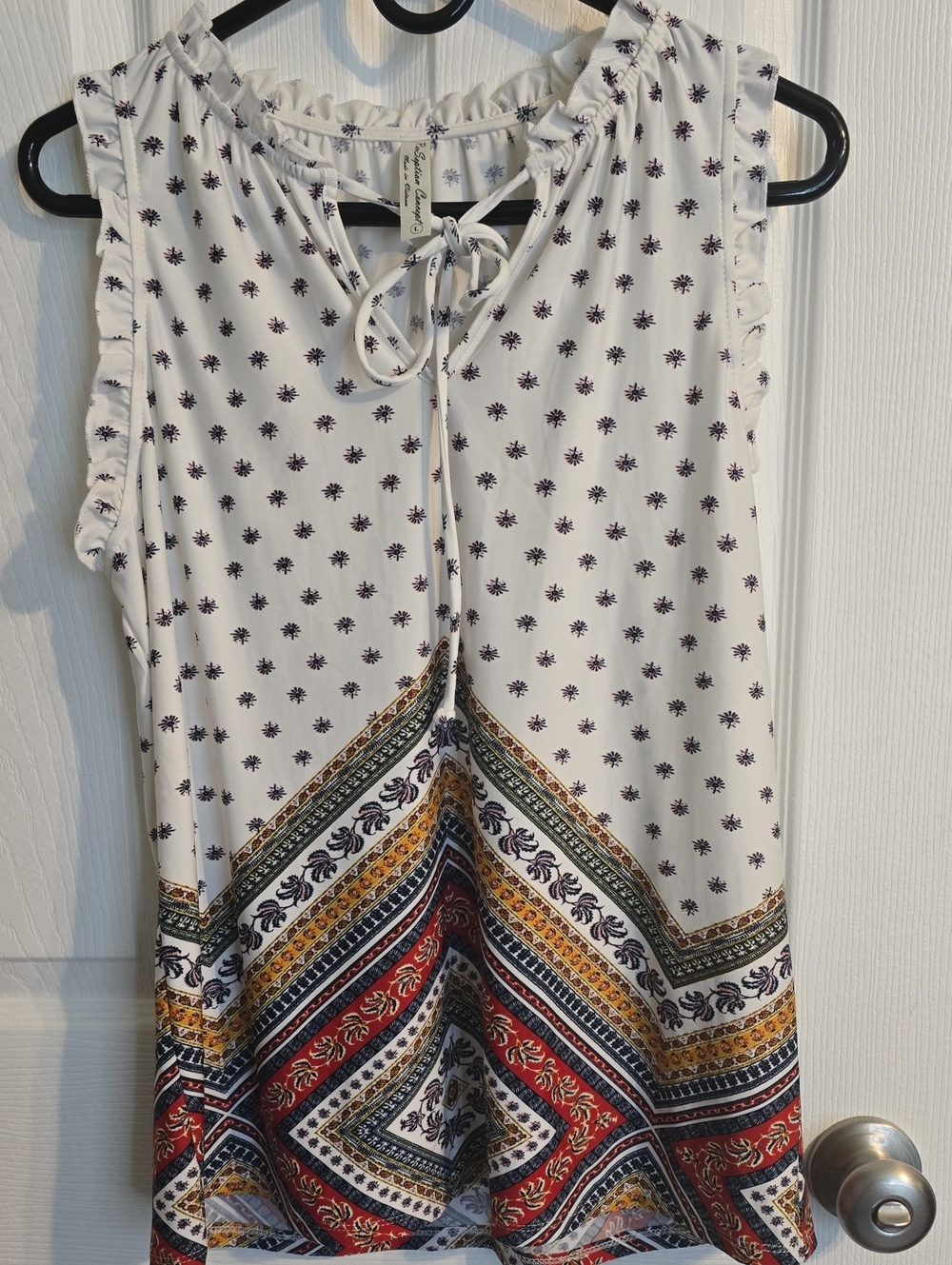 PerSeption Concept White Sleeveless Tie-Neck Top with Red & Gold Border Print